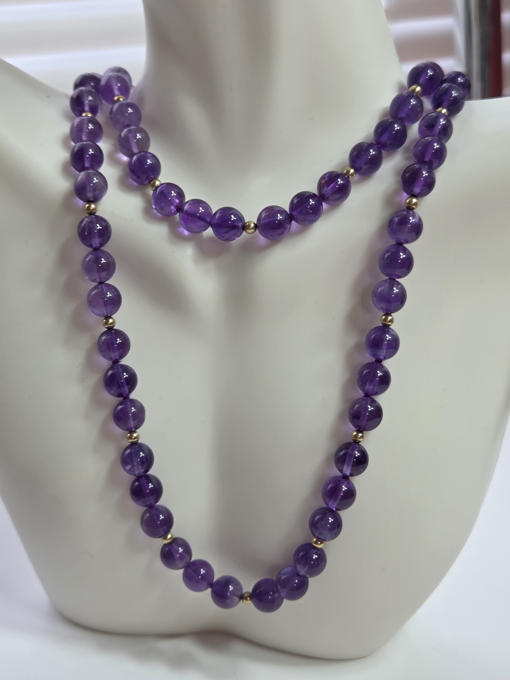 vtg purple jadite long 30in beaded necklace box hook clasp goldtone spacers 7mm